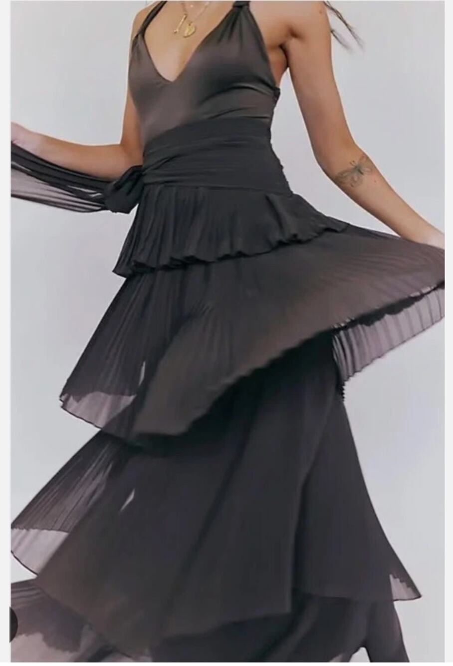 Free People Black Tiered Midi Dress with Pleated Layers